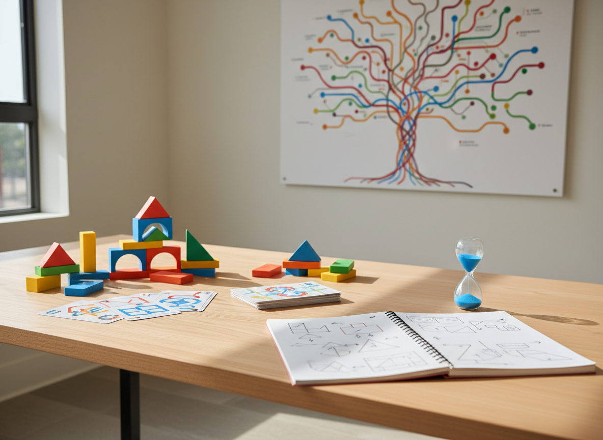 A tidy, modern learning space centered on a wide, light-wood desk covered with colorful educational therapy tools: interlocking geometric blocks, laminated pattern cards, a small sand timer, and a sturdy spiral notebook opened to a neatly organized page of shapes and arrows. On the wall behind, a large, vibrant growth-themed poster shows an abstract tree with branching pathways, symbolizing brain connections. Soft morning daylight filters through a nearby window, casting gentle, hopeful shadows. Photographic realism at eye level, with a shallow depth of field that keeps the desk in crisp focus and the background slightly blurred, creating a calm, professional atmosphere that emphasizes cognitive growth and independent learning.
