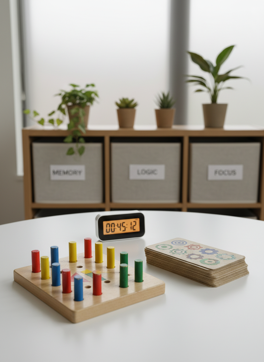 A close-up, photographic realistic scene of a well-used set of cognitive training materials arranged on a smooth, matte white table: a wooden pegboard with colorful pegs forming a simple pattern, a stack of thick, tactile flashcards showing abstract symbols, and a small digital timer with a glowing display. In the background, out of focus, a bookshelf holds neatly labeled storage bins and a few potted plants for warmth. Diffused overhead lighting and soft window light combine to create an even, welcoming glow. Shot from a slightly elevated angle, rule-of-thirds composition, conveying focused practice, structure, and supportive educational therapy without appearing clinical.
