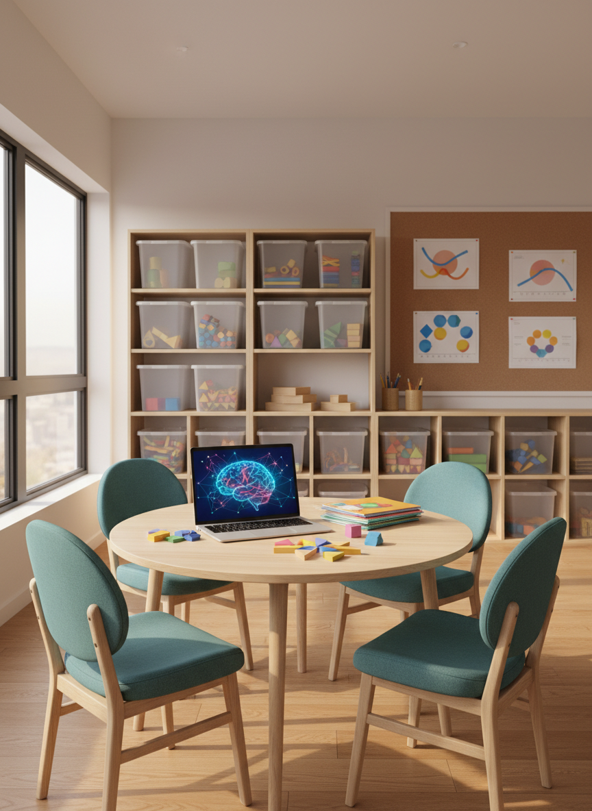 A spacious, inviting educational therapy room captured in photographic realism, with a central round table holding a laptop displaying a bright, abstract brain network graphic, next to a stack of colorful workbooks and a set of pattern blocks arranged in a partial design. Around the table, ergonomic chairs with soft fabric cushions suggest comfort and long-term focus. Along one wall, open shelves display organized bins of games and manipulatives, while a large corkboard holds pinned, text-free progress charts that use shapes and colors to indicate growth. Soft afternoon light pours through wide windows, creating a warm, optimistic atmosphere. Wide-angle, eye-level composition with sharp focus throughout, emphasizing a professional yet nurturing environment for cognitive care.